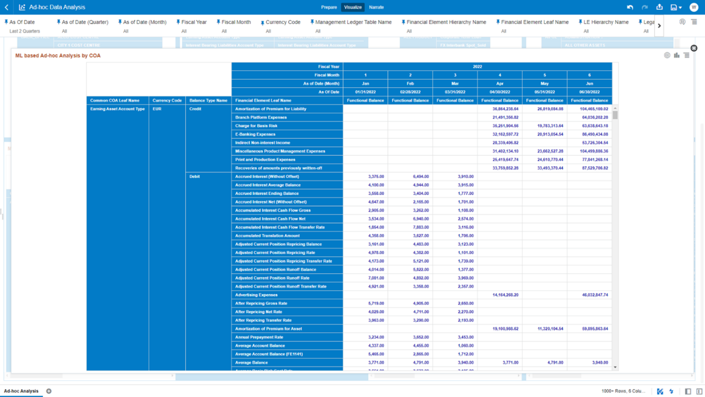 The chart displays the underlying management ledger data elements Common COA Leaf Name, Currency Code, Balance Type Name, Financial Element Leaf Name, Fiscal Year, Fiscal Month, As of Date (Month), As of Date, and Functional Balance.