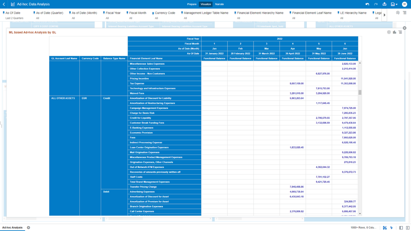 The chart displays the underlying management ledger data elements: GL Account Leaf Name, Currency Code. Balance Type Name, Financial Element Leaf Name, Fiscal Year, Fiscal Month, As of Date (Month), As of Date, and Functional Balance.