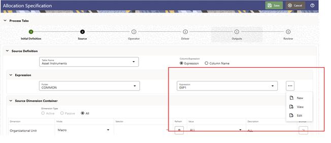 New/Edit/View option for Expressions in an Allocation Rule