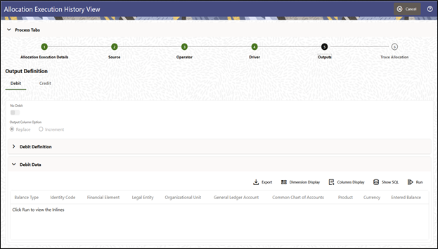 The Outputs tab displays the details about the Allocation's Output specification at the time it was run.