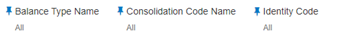 You can use this filter to select a specific Balance type, such as Debit and Credit, a specific Consolidation type as it identifies the values for Actual, Budget, Forecast, Forecast Prior, and a specific identity code to be applied to the underlying Management Ledger data.