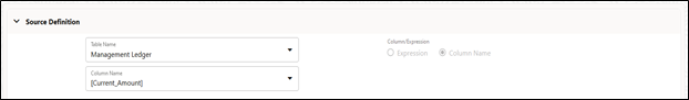 The Source Definition Pane allows you to select a Source Table and then select a Column from the selected table that serves the Source Data for the Allocation Rule.