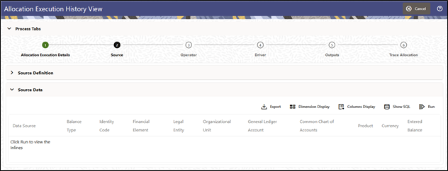 The Source tab displays the details about the Allocation's Source Specification at the time that it was run.