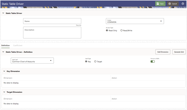 The Static Table Driver Definition page allows you to define a new static table driver rule.