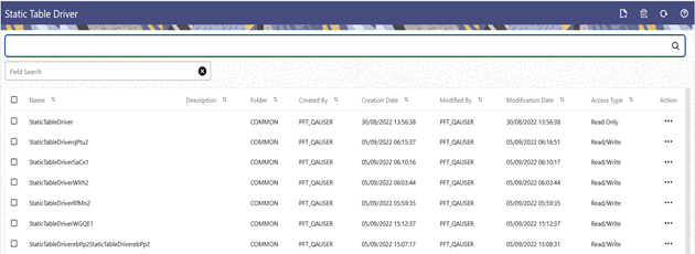 The Static Table Driver Summary page displays the static table driver rules that are already defined and available. You can edit, view, delete, check dependencies of the available static table driver rules. Also, you can navigate to create a new static table driver rule from this screen.