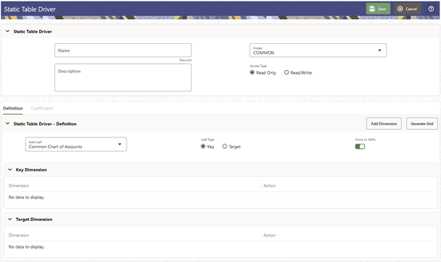 The Static Table Driver Definition page allows you to define a new static table driver rule. The Static Table Driver Definition page allows you to define a new static table driver rule.