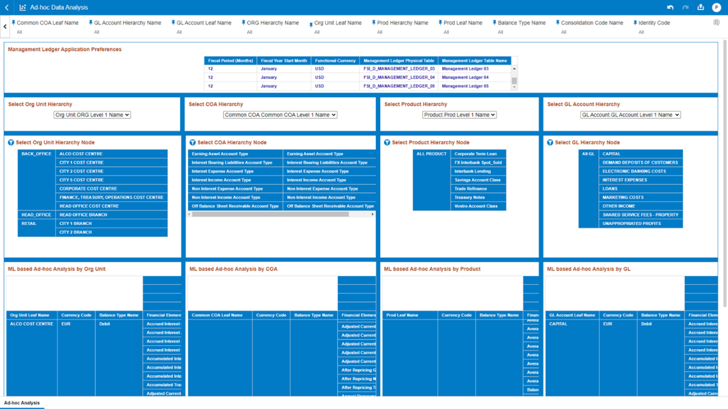 The “Ad-hoc Analysis” Report can be used to perform ad-hoc analysis on Management Ledger data. You can use a series of Report Prompts, as previously described, to filter the data according to key attributes pertaining to the underlying Management Ledger data.