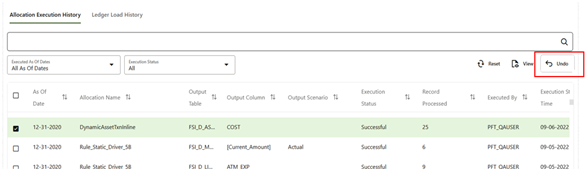 For Allocations that update data in Instrument or Transaction Summary Tables, an UNDO operation reverses the effect of that rule run by updating the output column targeted by that Allocation Run with a value of zero.