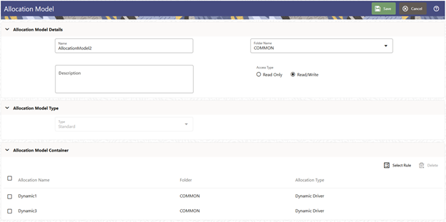 The Allocation Model Definition screen displays the Allocation Model Details pane, Allocation Model Type pane, and Allocation Model Container panes.