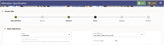 This tab allows you to construct a static table driver rule that uses an Organizational Unit Key Leaf and a Product Target Leaf. Select the Mortgage Origination and Statement Processing rollup points from your organizational hierarchy for your Key Leaf values. Select the three mortgage products plus the Checking, Savings, and Time Deposits products as your Target Leaf values. Finally, enable the appropriate combinations of Key Leaf and Target Leaf and enter your coefficient values.