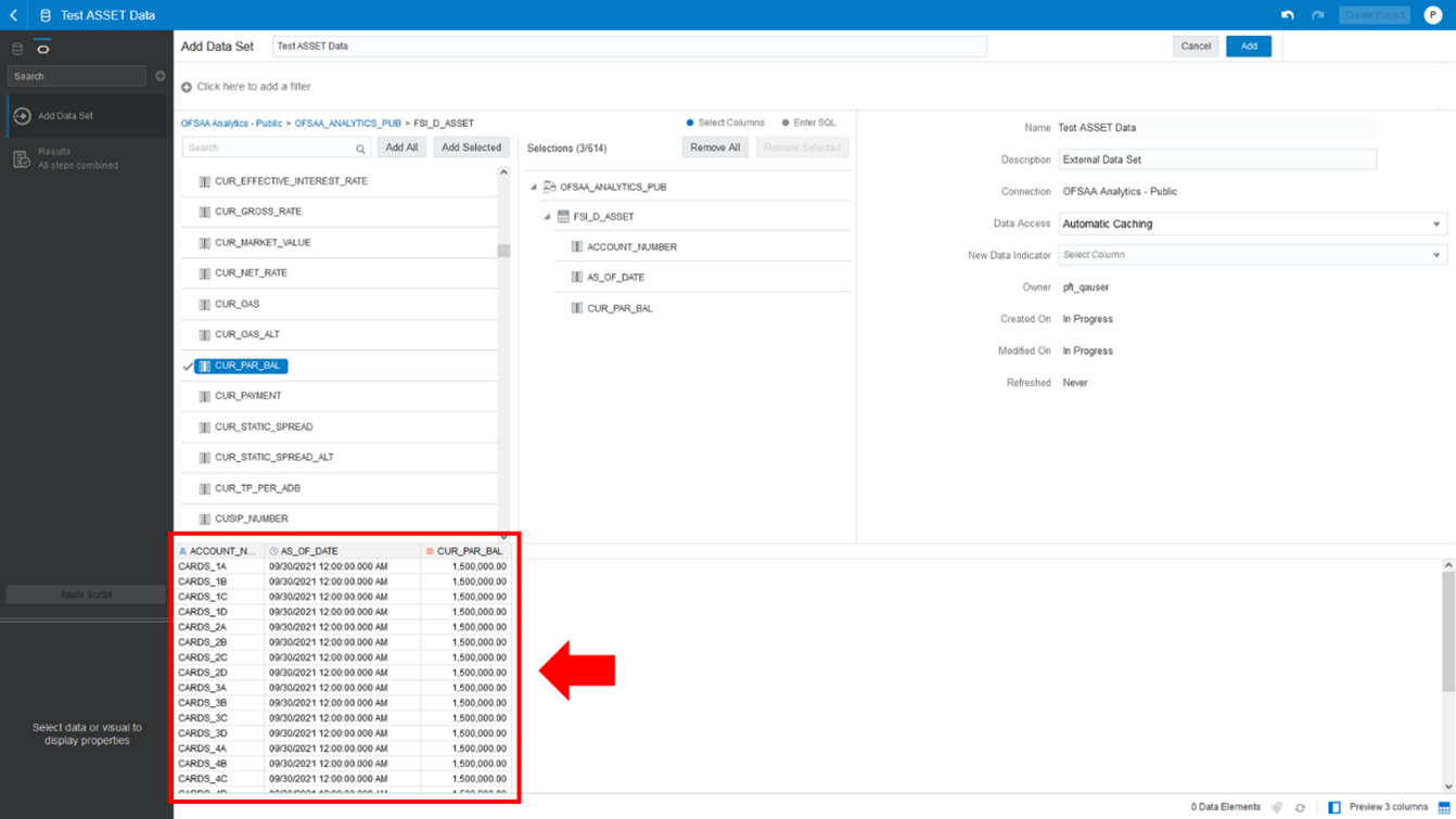 The Data Results displays the retrieved Data Results for the selected Database Object and Column.