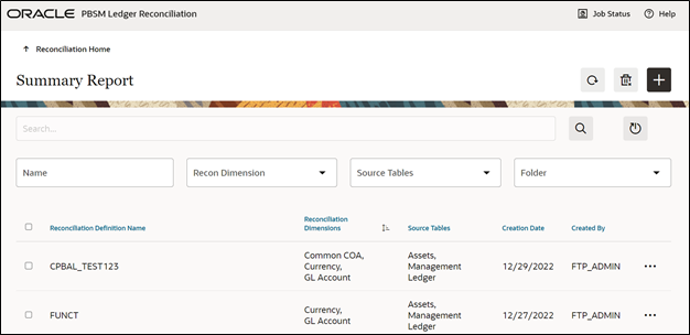 The Reconciliation Definition summary screen allows you to search for any definitions from the displayed list.