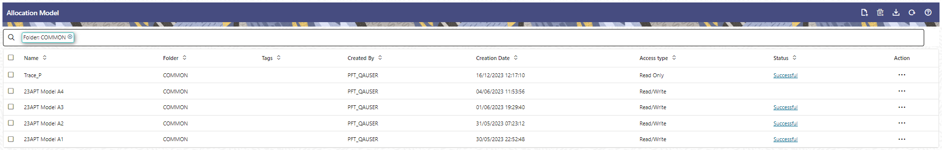 The Allocation Models summary page displays a set of Allocation Models. Using search criteria, you can control the set of Allocation Models that are displayed. When you Add, Edit, or View a rule, a detailed screen is displayed.