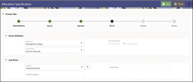 The Leaf Driver pane is only displayed for the Leaf allocation type. Use this pane to specify the dimension and leaf value you wish to use. The Leaf Driver pane is only displayed for the Leaf allocation type. Use this pane to specify the dimension and leaf value you wish to use.