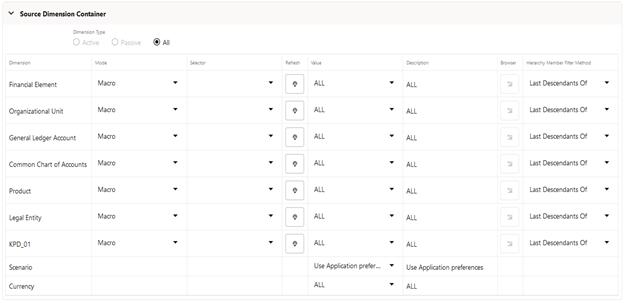 The Source Dimension Container comprises of a table that lists the dimensions and the Source Scenario. The Source Dimension Container comprises of a table that lists the dimensions and the Source Scenario.