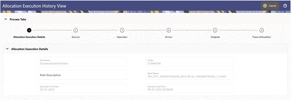 The tab displays the Allocation Rule Name, Description, Folder, Batch Name, Executed As-of-Date and Execution End Time.