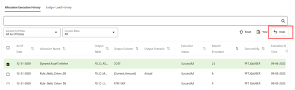 For Allocations that update data in Instrument or Transaction Summary Tables, an UNDO operation reverses the effect of that rule run by updating the output column targeted by that Allocation Run with a value of zero. For Allocations that update data in Instrument or Transaction Summary Tables, an UNDO operation reverses the effect of that rule run by updating the output column targeted by that Allocation Run with a value of zero.