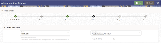 This tab allows you to construct a static table driver rule that uses an Organizational Unit Key Leaf and a Product Target Leaf. Select the Mortgage Origination and Statement Processing rollup points from your organizational hierarchy for your Key Leaf values. Select the three mortgage products plus the Checking, Savings, and Time Deposits products as your Target Leaf values. Finally, enable the appropriate combinations of Key Leaf and Target Leaf and enter your coefficient values. This tab allows you to construct a static table driver rule that uses an Organizational Unit Key Leaf and a Product Target Leaf. Select the Mortgage Origination and Statement Processing rollup points from your organizational hierarchy for your Key Leaf values. Select the three mortgage products plus the Checking, Savings, and Time Deposits products as your Target Leaf values. Finally, enable the appropriate combinations of Key Leaf and Target Leaf and enter your coefficient values.