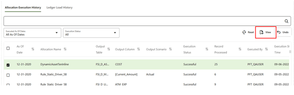 When we select a single row from the Allocation Execution History table and click the View icon, a series of screens are displayed in a separate window that shows the Allocation Rule as it appeared at the time the rule was executed. When we select a single row from the Allocation Execution History table and click the View icon, a series of screens are displayed in a separate window that shows the Allocation Rule as it appeared at the time the rule was executed.