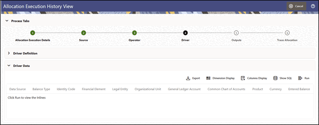This view-only screen offers an inline report of the Driver Data generated by the Allocation Rule at the time that it was run, and enables the user the ability to trace the sources of the data that fed into the current Allocation. This view-only screen offers an inline report of the Driver Data generated by the Allocation Rule at the time that it was run, and enables the user the ability to trace the sources of the data that fed into the current Allocation.