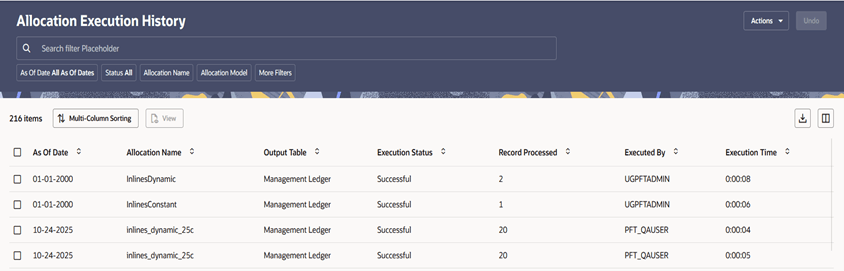 The Allocation Execution History screen is divided in to three sections – the Search section, the Inline section, and the Table section.