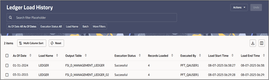 Ledger Load History screen