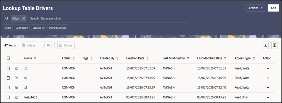 The Lookup Table Driver summary screen displays the rules that are already defined. You can select a rule and edit, view, delete, check dependencies, and copy it. This screen also allows you to navigate to define a new lookup table driver rule.