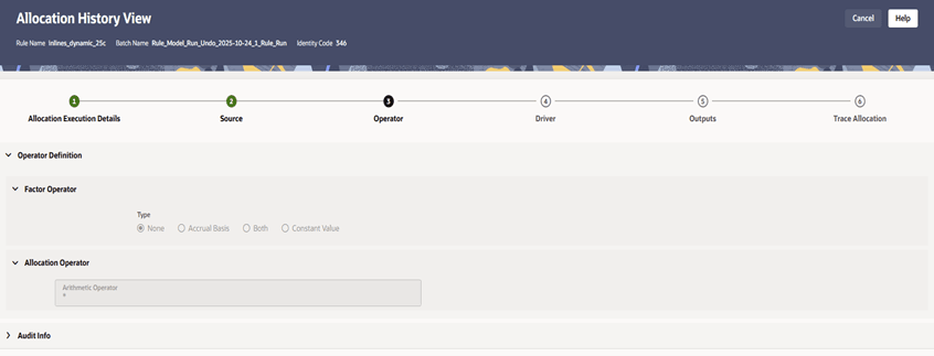 The Operator tab displays the Allocation's Operator specification at the time the rule was run.