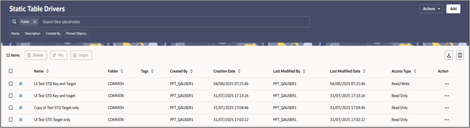 Static Table Drivers Summary Screen