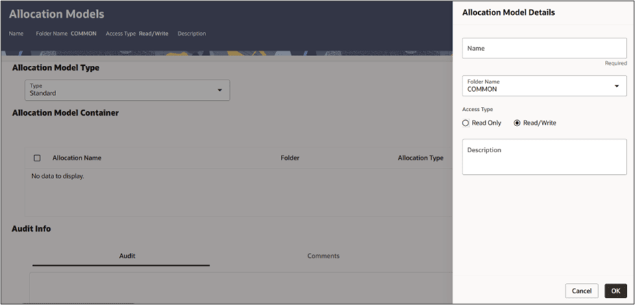 The Allocation Model Definition screen displays the Allocation Model Details pane, Allocation Model Type pane, and Allocation Model Container panes.