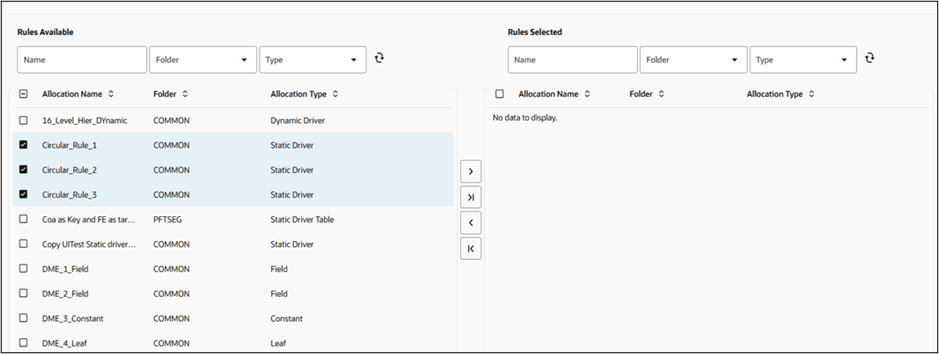 The Allocation Rule Selection pop-up window displays a list of the available allocation rules on the left hand side and the list of the selected allocation rules on the right hand side.