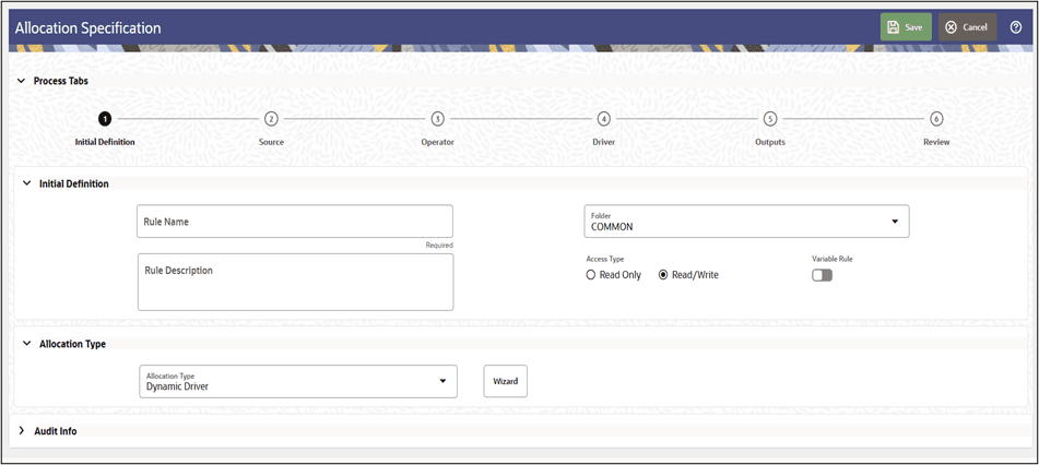 This screen allows you to define new allocation rule by entering rule name, description, folder, access type, and variable rule.