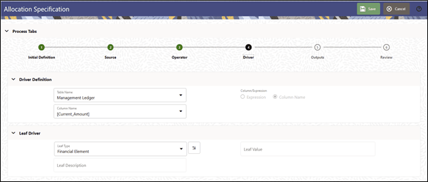 The Leaf Driver pane is only displayed for the Leaf allocation type. Use this pane to specify the dimension and leaf value you wish to use. The Leaf Driver pane is only displayed for the Leaf allocation type. Use this pane to specify the dimension and leaf value you wish to use.