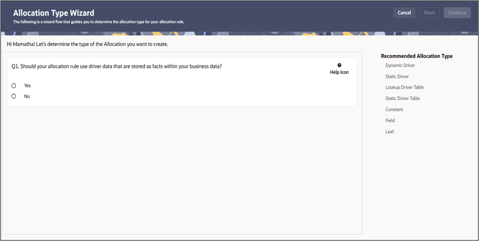 Allocation Type Wizard
