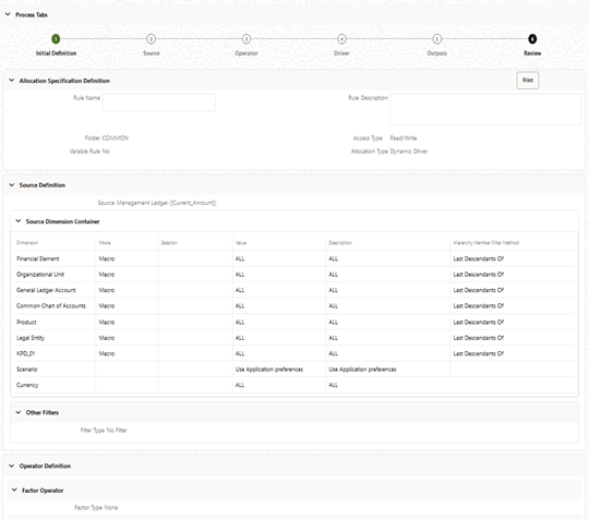 The Review process tab displays a single-page, printable report of an Allocation rule's specification. The Review process tab displays a single-page, printable report of an Allocation rule's specification.