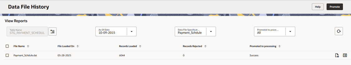 The Data File History summary screen displays the details of the data files. This screen also allows you to search data files, move data files from stage to processing tables, and delete data files from the stage and processing tables.