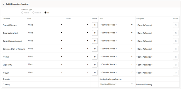 The Dimension Container is used to provide dimensional constraints on your Output data. For any Dimension, you may constrain your Source Data by selecting a Leaf Member, a Roll-Up Member within a Hierarchy, or a Hierarchy Filter. The Dimension Container is used to provide dimensional constraints on your Output data. For any Dimension, you may constrain your Source Data by selecting a Leaf Member, a Roll-Up Member within a Hierarchy, or a Hierarchy Filter.