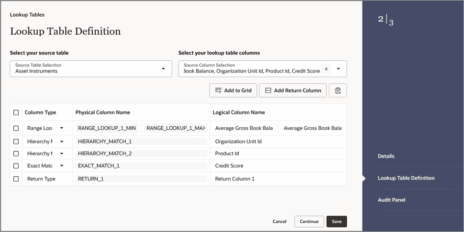 Lookup Table Definition with the Grid filled in a New mode