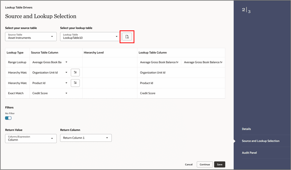 Lookup Table Drivers – Source and Lookup Selection tab – Table Data button Lookup Table Drivers – Source and Lookup Selection tab – Table Data button