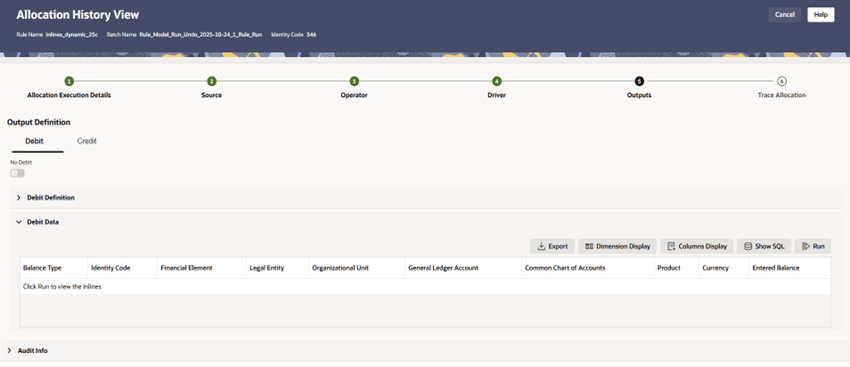 The Outputs tab displays the details about the Allocation's Output specification at the time it was run.