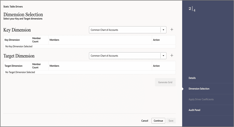 Static Table Drivers – Dimension Selection tab