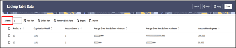 Lookup Table Data screen – adding two rows