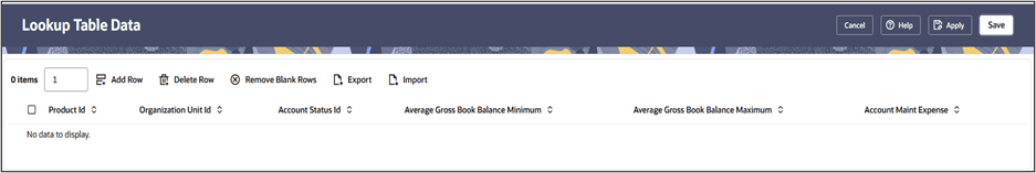 Lookup Table Data screen – default launch