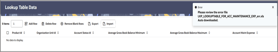 Lookup Table Data screen – erroneous file import
