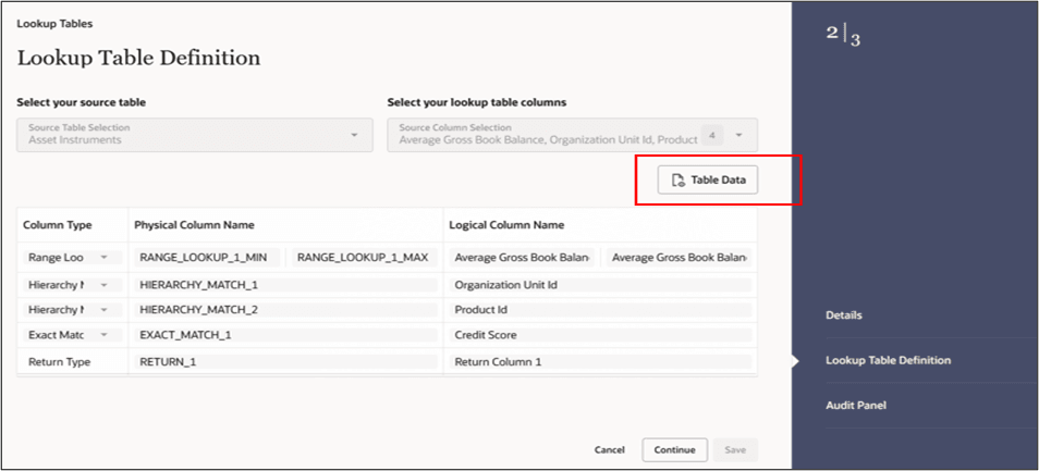 Lookup Table Definition in View mode – Table Data button
