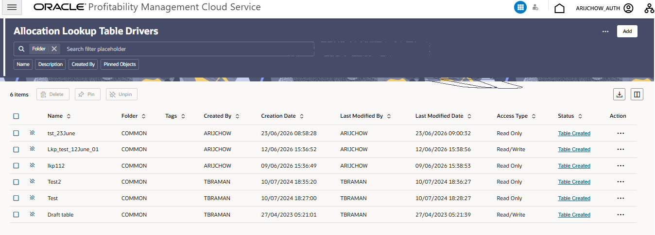 Allocation Lookup Table Drivers - Summary Page