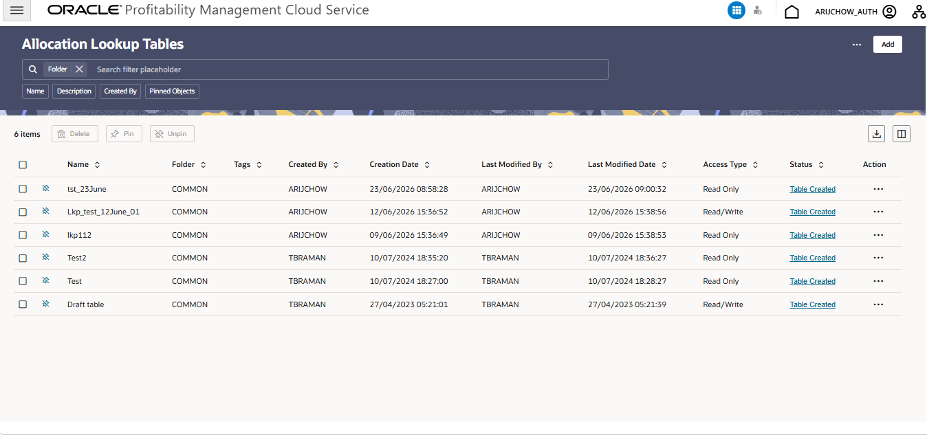 Allocation Lookup Tables - Summary page
