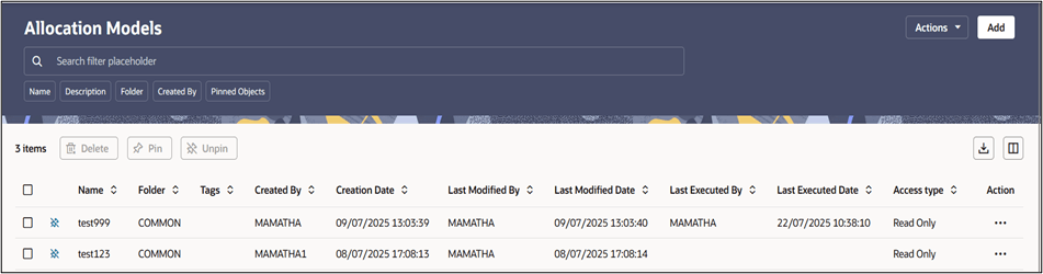 The Allocation Models summary page displays a set of Allocation Models. Using search criteria, you can control the set of Allocation Models that are displayed. When you Add, Edit, or View a rule, a detailed screen is displayed.