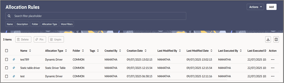 This screen displays the allocation rule definitions that are already defined. This screen allows you to select an allocation rule and perform options like edit, delete, view, view dependency, and so on. This screen also allows you to navigate to the new allocation definition.