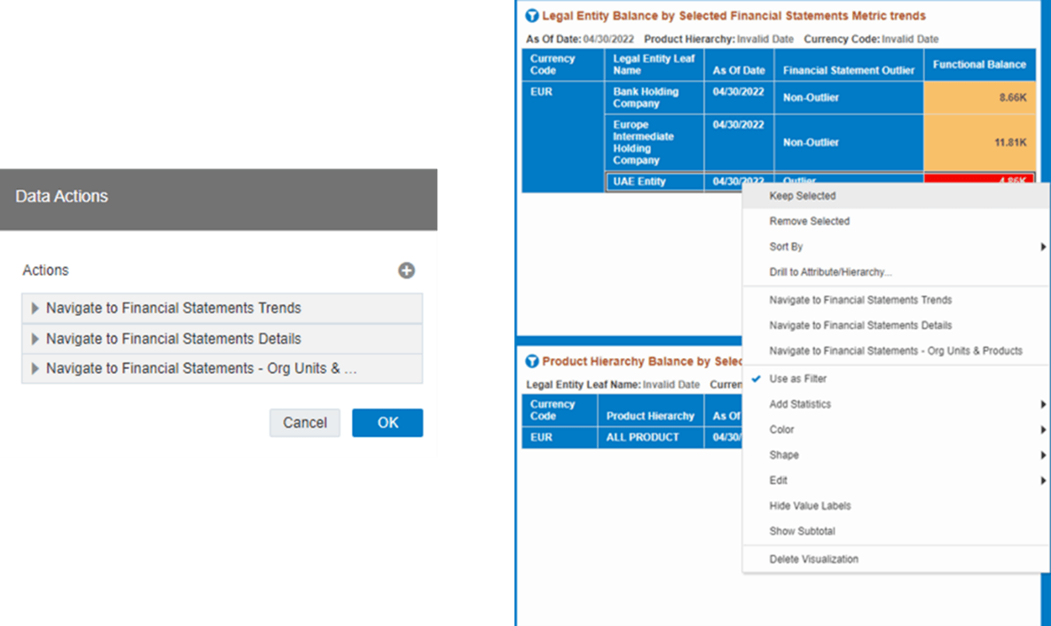 This screenshot shows the Data Actions list as well as the navigation options that appears once you right click on the desired selection.